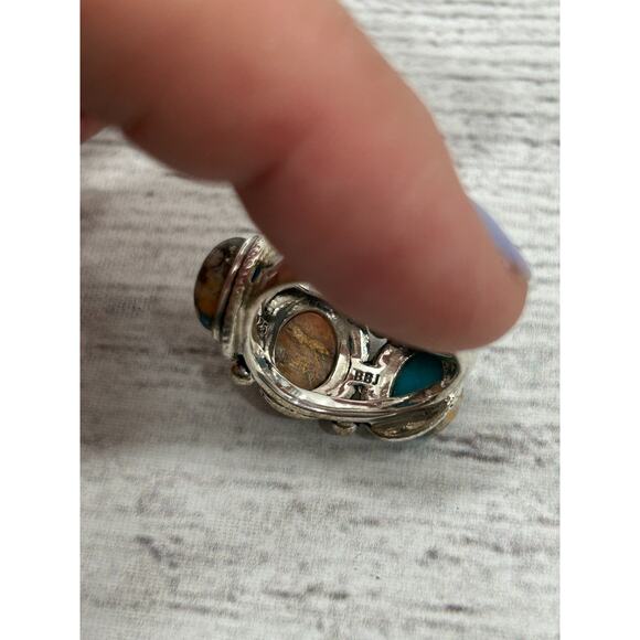 BBJ 925 Sterling Silver Spiny Oyster Turquoise 3-Stone Southwestern Ring Sz 8 - Picture 6 of 10